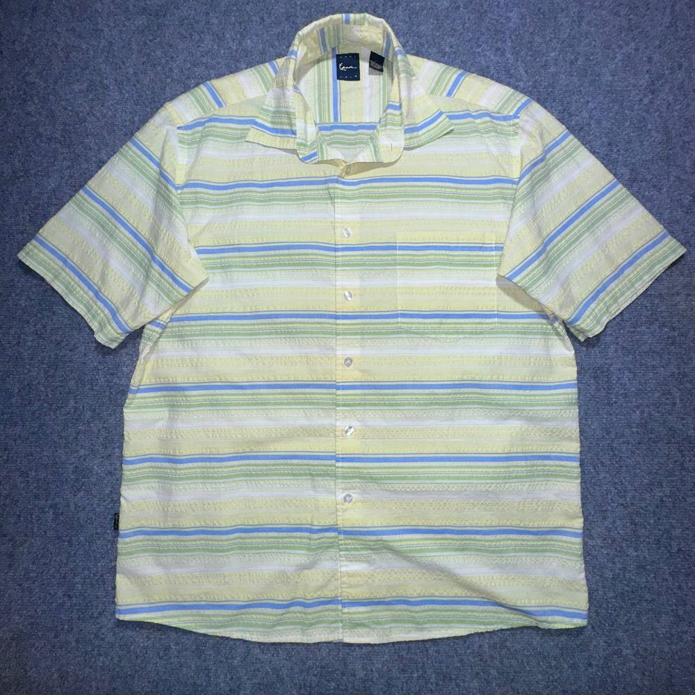 Karl Kani Gold Men's L Yellow Striped‎ Button Up Short Sleeve Retro Streetwear